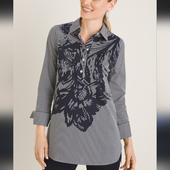 Chico's Cotton Stripe Floral No Iron Long Sleeve Button Front Shirt Size 12/14 - Picture 2 of 10